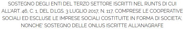 SOSTEGNO DEGLI ENTI DEL TERZO SETTORE ISCRITTI NEL RUNTS DI CUI ALL'ART. 46, C. 1, DEL D.LGS. 3 LUGLIO 2017, N. 117, COMPRESE LE COOPERATIVE SOCIALI ED ESCLUSE LE IMPRESE SOCIALI COSTITUITE IN FORMA DI SOCIETA', NONCHE' SOSTEGNO DELLE ONLUS ISCRITTE ALL'ANAGRAFE